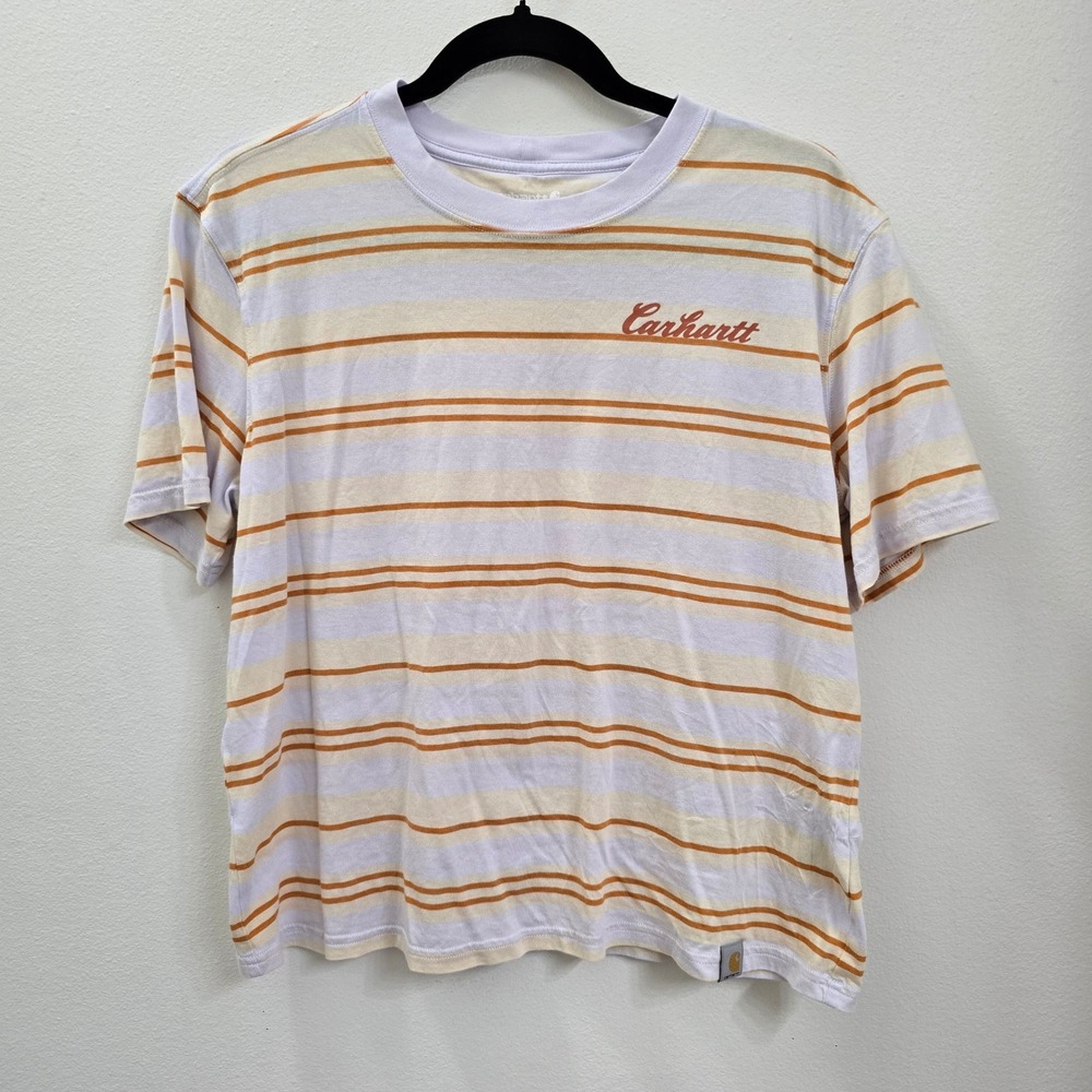 Carhartt Women Striped Short Sleeve T-Shirt Loose Fit Orange White Small